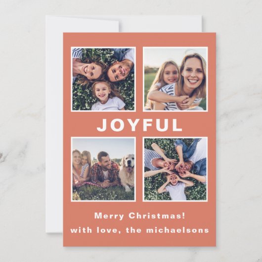 Joyful モダン Christmas Coral Photo Collage シーズンカード (正面)