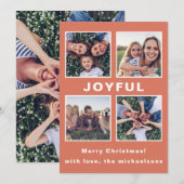 Joyful モダン Christmas Coral Photo Collage シーズンカード (正面/裏面)