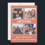 Joyful モダン Christmas Coral Photo Collage シーズンカード<br><div class="desc">この5つのモダンフォトホリデーの挨拶は、大きな喜びのタイプとトレンディーの珊瑚のオレンジ色の背景にあなたの名前を付けたメリークリスマスの挨拶を特徴とする。正面にシンプル4枚の写真コラージュがあり、カードの背面に1枚の写真が収められている。</div>