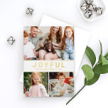 Joyful モダン Family Photo Collage金ゴールド 箔シーズンカード<br><div class="desc">このモダンミニマルなスタイルのクリスマスフォトコラージュカードデザインは、金ゴールド箔で印刷されたシンプルとサンはっきりしたセリフレタリングの「JOYFUL」という言葉を備え実在ている。3枚の写真お気に入りの（背面にボーナスフォトを追加）、家族の名前、年でパーソナライズ。背面に追加のボーナスワードが含まれる。休日の願い、家族の名前、新しい子犬の発表、または他のニュースを含むに最適！</div>