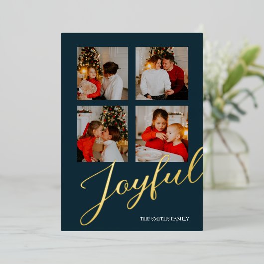 Joyful モダン Minimalist Blue金ゴールドスクリプト写真 箔シーズンカード (立ち正面)