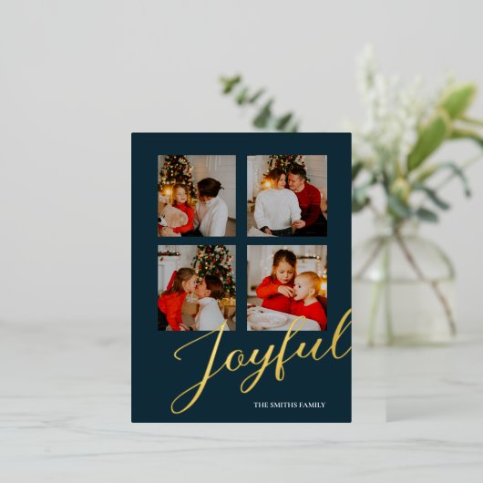 Joyful モダン Minimalist Blue金ゴールドスクリプト写真 箔シーズンポストカード (立ち正面)