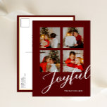 Joyful モダン Minimalist Red Script 4 Photo シーズンポストカード<br><div class="desc">Joyful モダン Minimalist Red Script 4 Photo モダン Holidayはがき。このフェスティバルとホリデーカードで愛する人に休日の挨拶をモダン送りなさい。すべての文字は、自分の詳細で簡単かつ迅速にパーソナライズするために事前に配置されている。ハッピーホリデー！</div>