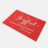 "Joyful"赤と白の名パーソナライズされた前ハッピーおもしろい ドアマット (アングル)