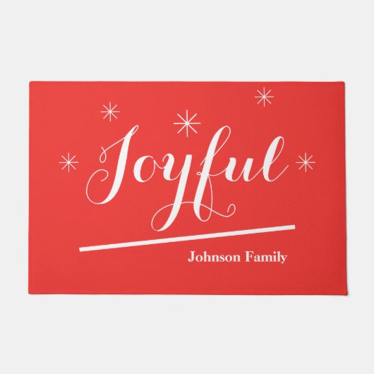 "Joyful"赤と白の名パーソナライズされた前ハッピーおもしろい ドアマット (正面)