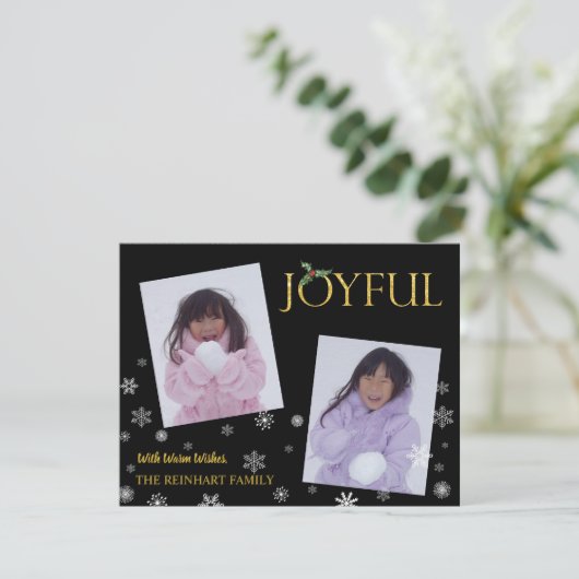 JOYFUL 2 枚の写真のクリスマス スノーフレーク シーズンカード (スタンド正面)