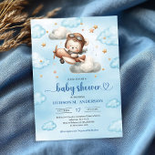 Joyful airplane teddy bear blue baby shower invite 招待状