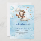 Joyful airplane teddy bear blue baby shower invite 招待状 (正面)