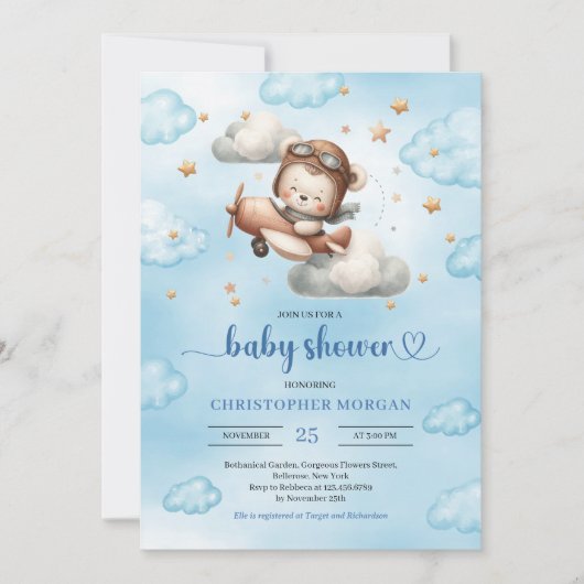 Joyful airplane teddy bear blue baby shower invite 招待状 (正面)