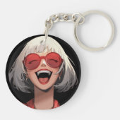 Joyful Anime Girl：白髪、赤眼鏡、赤ロブ キーホルダー (裏面)