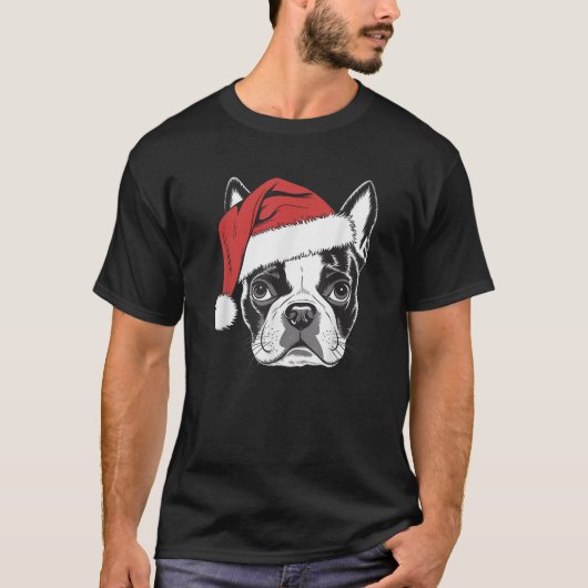 Joyful Boston Terrier Santa Dog on Boston Terrier  Tシャツ (正面)