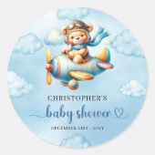Joyful Boy Shower Pilot Bear Blue Party Sticker ラウンドシール (正面)