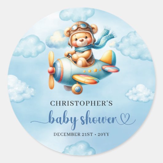 Joyful Boy Shower Pilot Bear Blue Party Sticker ラウンドシール (正面)