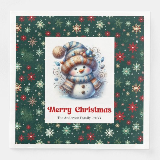 Joyful cartoon snowman with snowflakes kids napkin (正面)