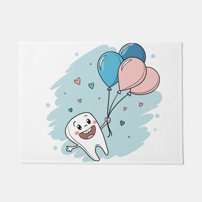 Joyful Cartoon Tooth with Balloons – Dental Health ドアマット (正面)