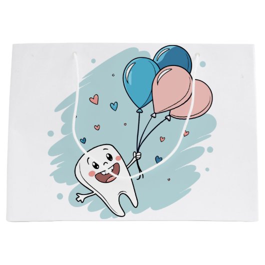 Joyful Cartoon Tooth with Balloons – Dental Health ラージペーパーバッグ (正面)
