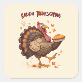 Joyful Cartoon Turkey Thanksgiving Sticker スクエアシール