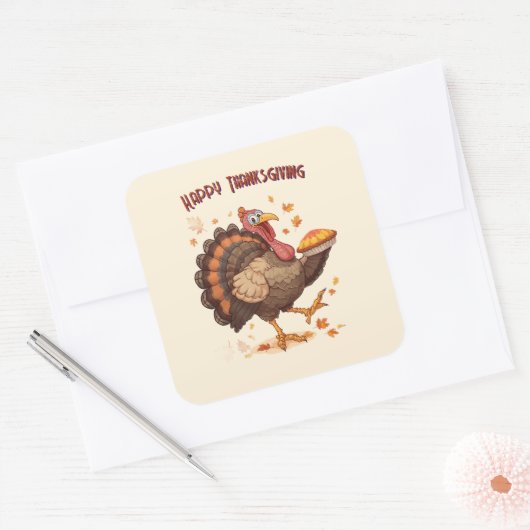 Joyful Cartoon Turkey Thanksgiving Sticker スクエアシール (封筒)