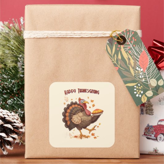 Joyful Cartoon Turkey Thanksgiving Sticker スクエアシール (クリスマス)