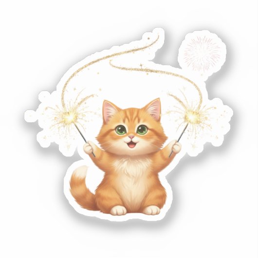 Joyful Cat Waving Sparklers New Year Party シール (正面)