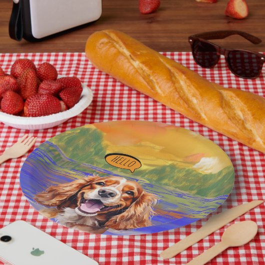 Joyful Cavalier King Charles Spaniel in Watercolo  ペーパープレート (ピクニック)