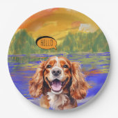 Joyful Cavalier King Charles Spaniel in Watercolo  ペーパープレート (正面)