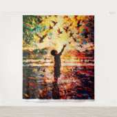 Joyful Child Playing with Birds Sunrise Water タペストリー (正面)