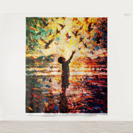 Joyful Child Playing with Birds Sunrise Water タペストリー