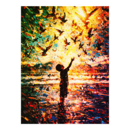 Joyful Child Playing with Birds Sunrise Water フォトプリント