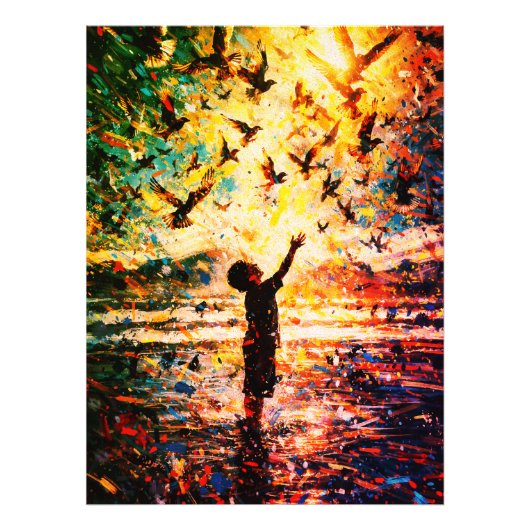 Joyful Child Playing with Birds Sunrise Water フォトプリント (正面)