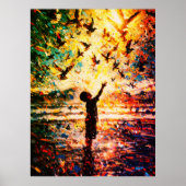Joyful Child Playing with Birds Sunrise Water ポスター (正面)