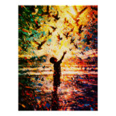 Joyful Child Playing with Birds Sunrise Water ポスター (正面)