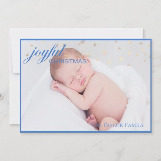 JOYFUL CHRISTMAS – ブルー新生児ボーイフォトホリデー シーズンカード (正面)