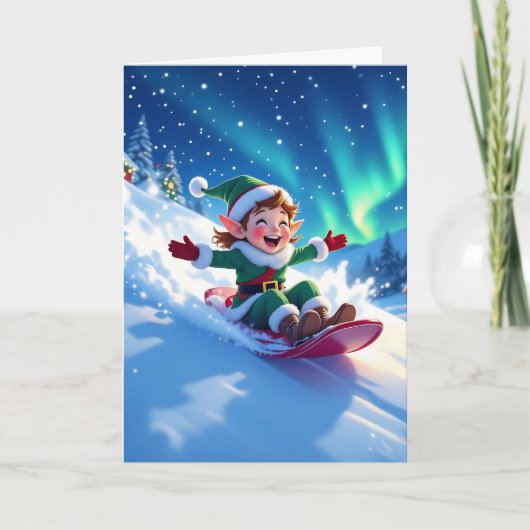 Joyful Christmas Elf Sledding Personalize カード (正面)