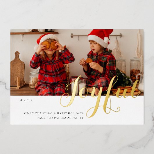 Joyful Christmas Familyフォトスクリプモダント 箔招待状 (正面)