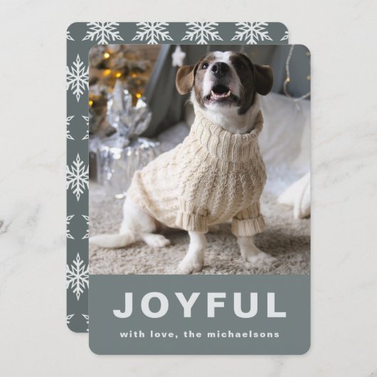 Joyful Christmas Gray Snowflakeプリント写真 シーズンカード (正面/裏面)