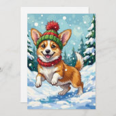 Joyful Corgi Dog Bouncing in Snow with Pom Pom シーズンカード (正面/裏面)