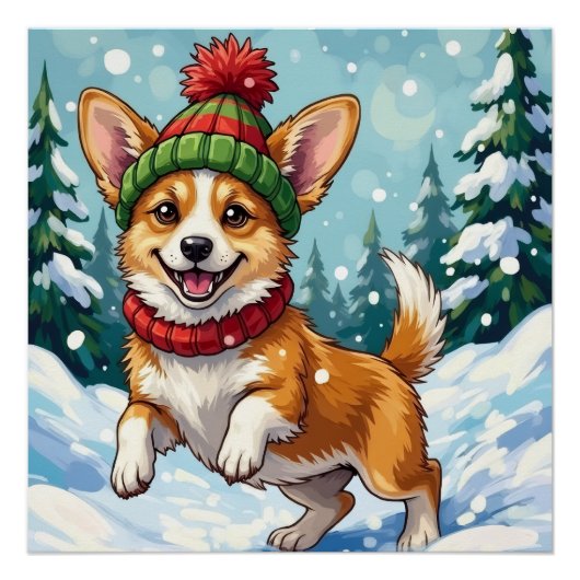 Joyful Corgi Dog Bouncing in Snow with Pom Pom ポスター (正面)