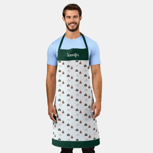 Joyful cozy cabin Christmas pattern monogram name エプロン (着用した状態)