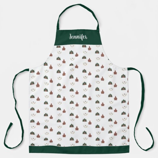 Joyful cozy cabin Christmas pattern monogram name エプロン (正面)