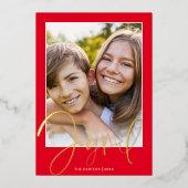 JOYFUL FAMILY PHOTOおもしろいスクリプトオーバーレイ金ゴールド赤 箔シーズンカード (正面)