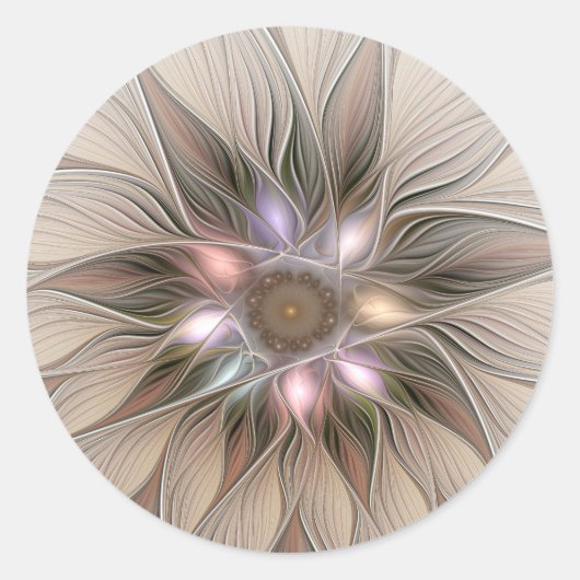 Joyful Flower Abstract Beige Brown Floral Fractal ラウンドシール (正面)