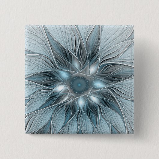 Joyful Flower Abstract Blue Gray Floral Fractal 缶バッジ (正面)
