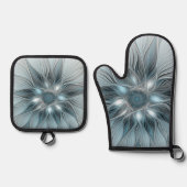 Joyful Flower Abstract Blue Gray Floral Fractal 鍋つかみ&鍋敷きセット (正面)