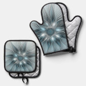 Joyful Flower Abstract Blue Gray Floral Fractal 鍋つかみ&鍋敷きセット (正面/裏面)