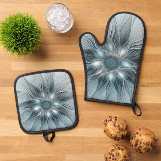 Joyful Flower Abstract Blue Gray Floral Fractal 鍋つかみ&鍋敷きセット (トップダウン)