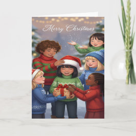 Joyful Gift-Sharing Kids Christmas Card カード