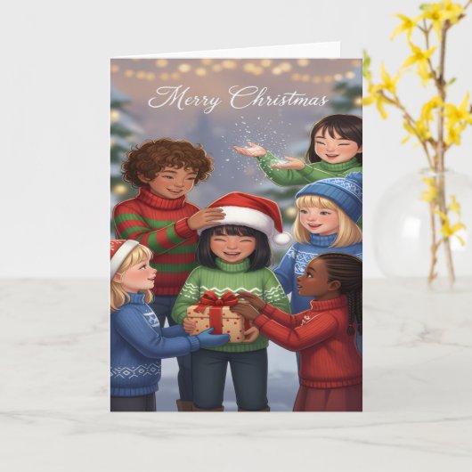 Joyful Gift-Sharing Kids Christmas Card カード (黄色い花)