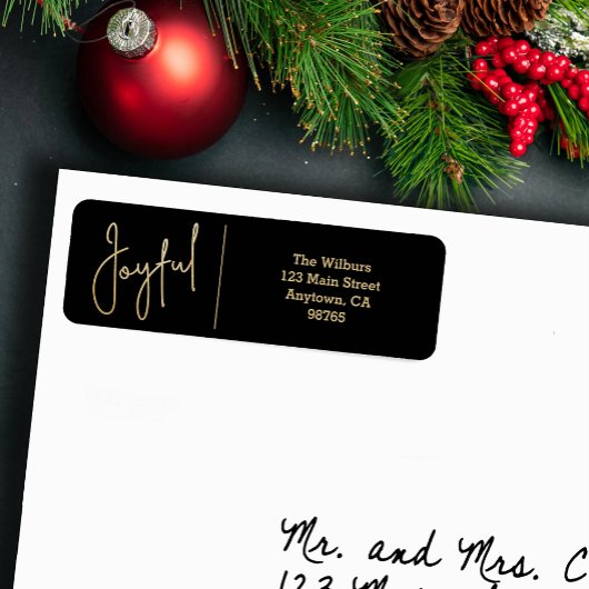 JOYFUL Gold and Black Christmas Return Address ラベル