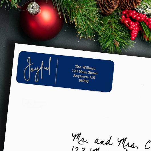 JOYFUL Gold and Blue Christmas Return Address ラベル